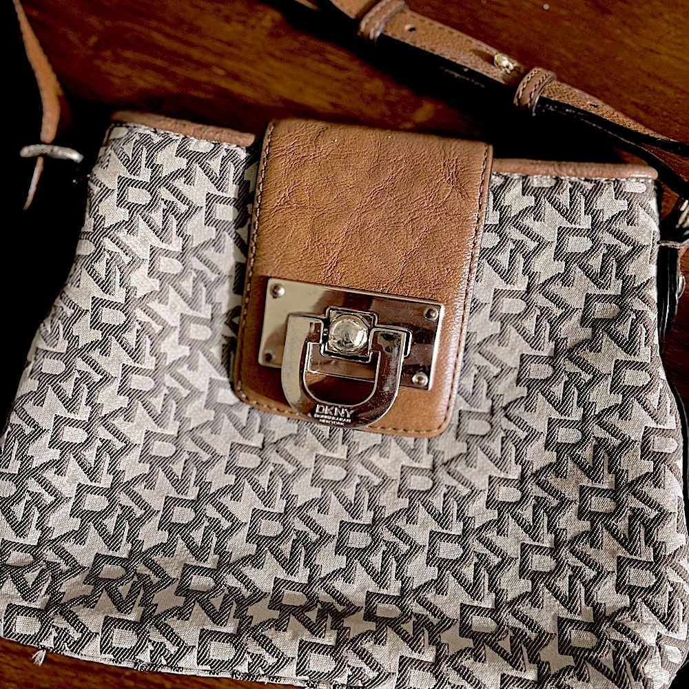 Vintage Dkny crossbody in cream and brown color, gold hardware with dust bag